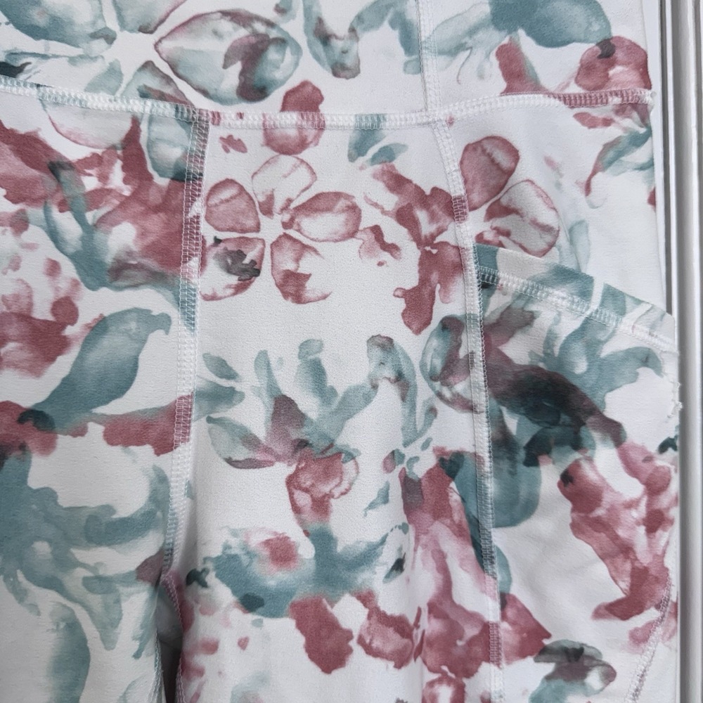 Freely Floral Leggings Womens Medium Pink Blue High Rise Yoga Pants Pockets - Picture 2 of 9
